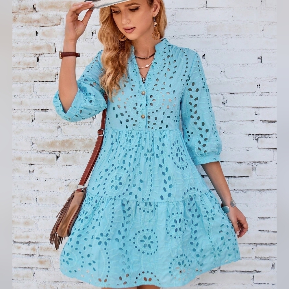 Eyelet Embroidery Button Front Smock Dress - Picture 3 of 5